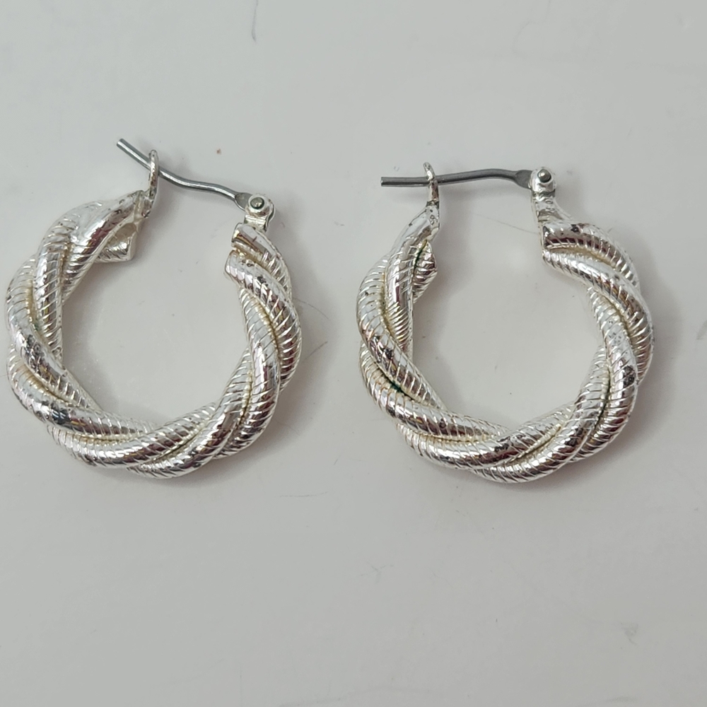 Vintage Silver Tone Twisted Hoop Earrings Chunky Rope Style 1”